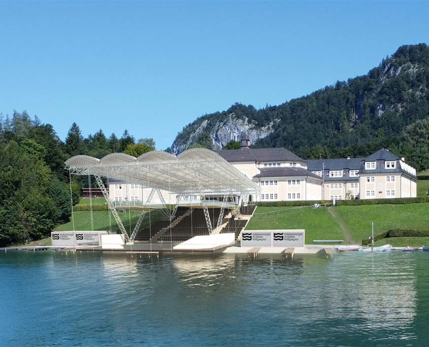 Die mobile Seebühne am Ufer des Wolfgangsees